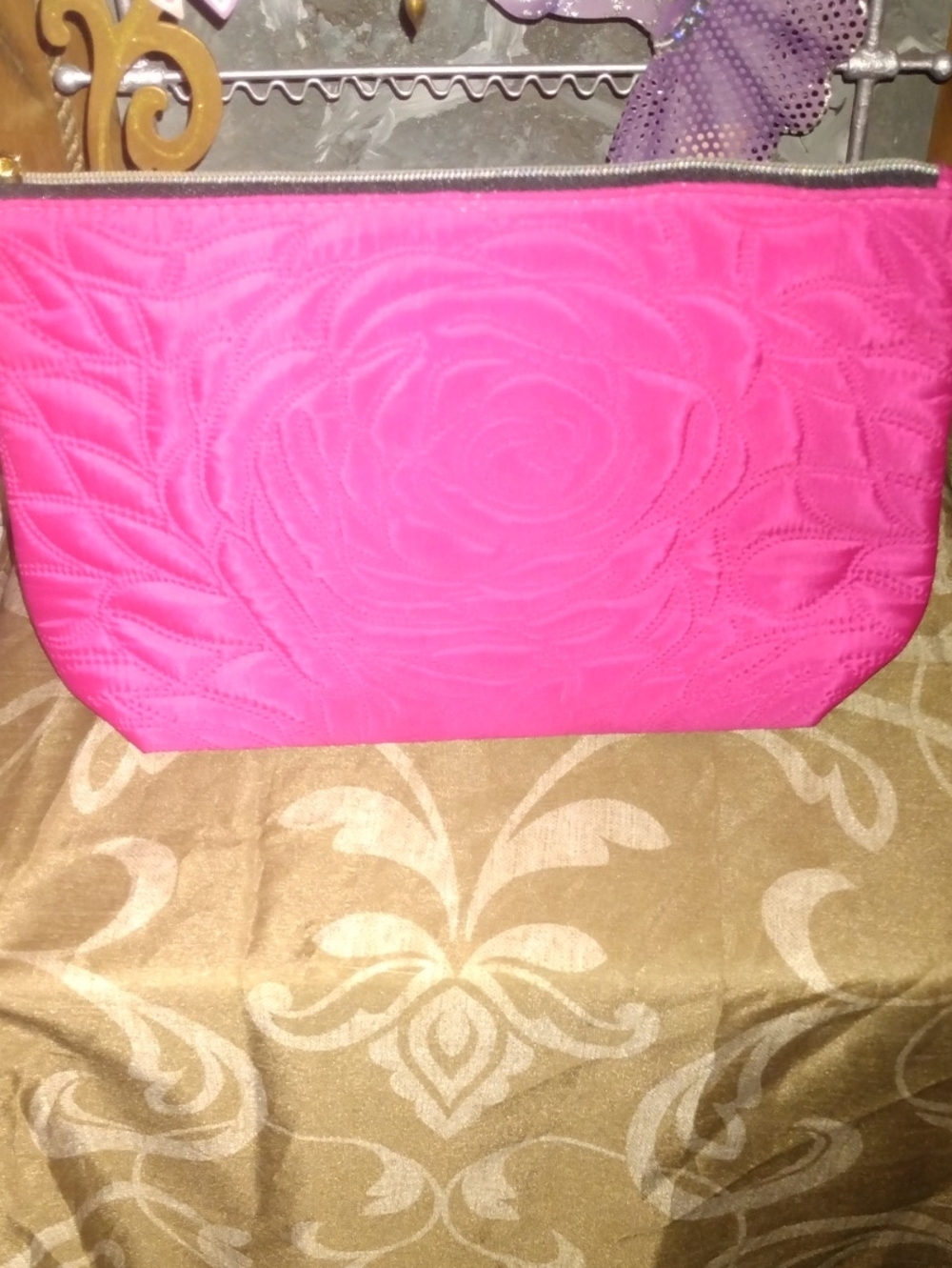 Lancome Hot Pink Quilted Floral Cosmetic Bag